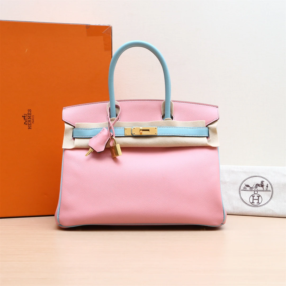 95新 Hermes/爱马仕 小花攀攀Birkin 30 奶昔粉拼马卡龙 Ep皮 T刻