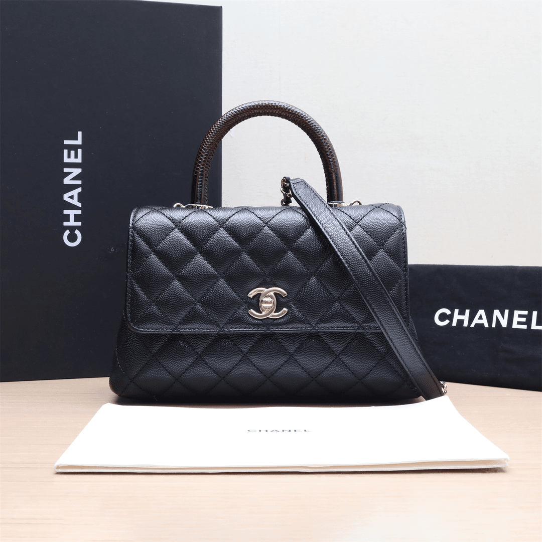 99新 Chanel/香奈儿 【33精选】659611小号 蜥蜴压纹 红手柄 黑色