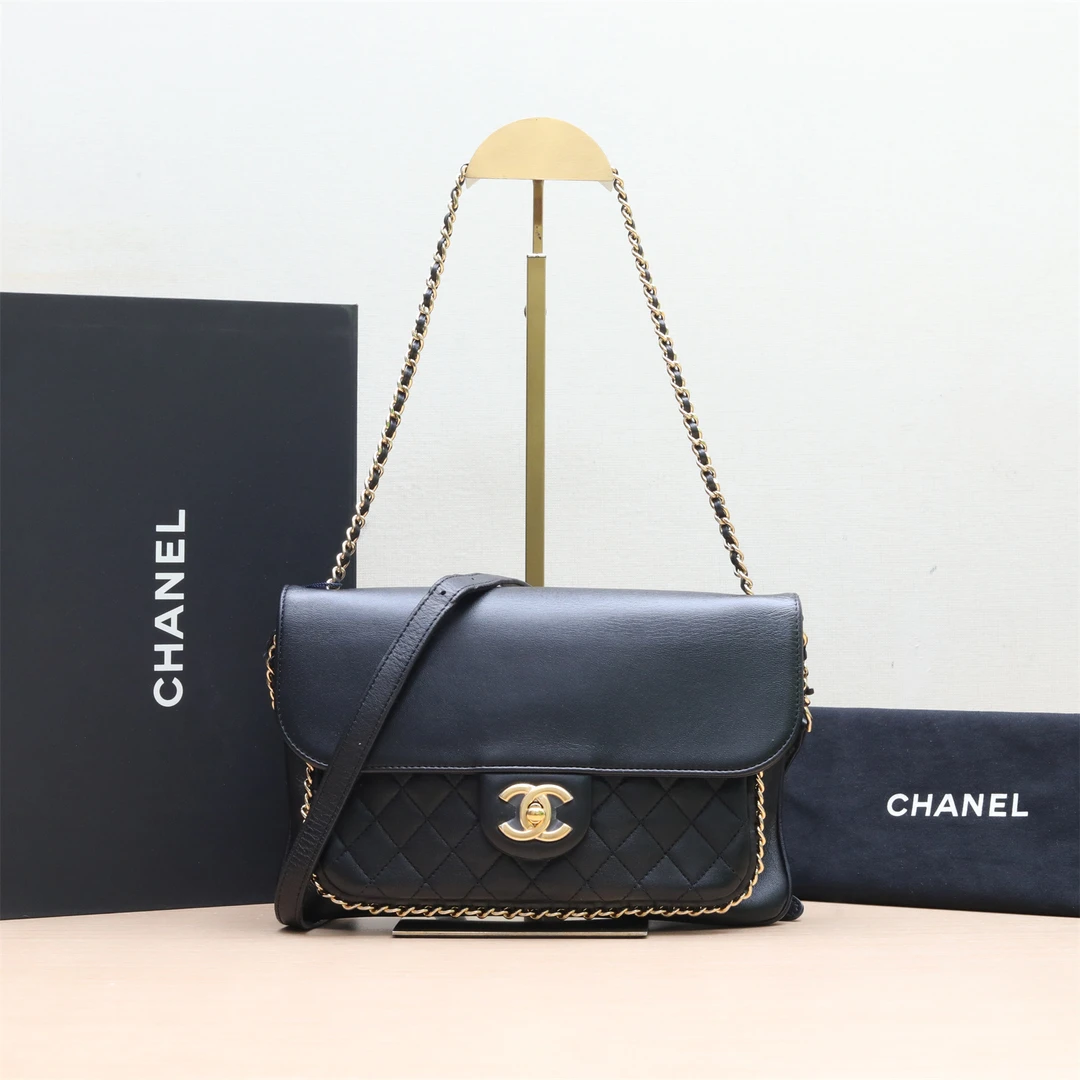 95新 Chanel/香奈儿 黑黑精选 142779 金属滚边信封 单肩斜挎包