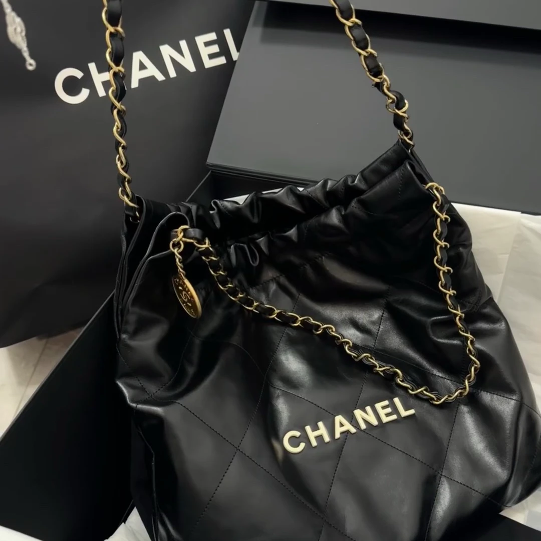 99新 Chanel/香奈儿 小花6珊 22BAG 托特小号 黑色芯片白字