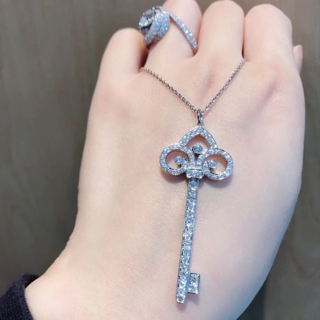 99新 Tiffany & Co./蒂芙尼 小花6珊 鸢尾花白金满钻大号钥匙项链