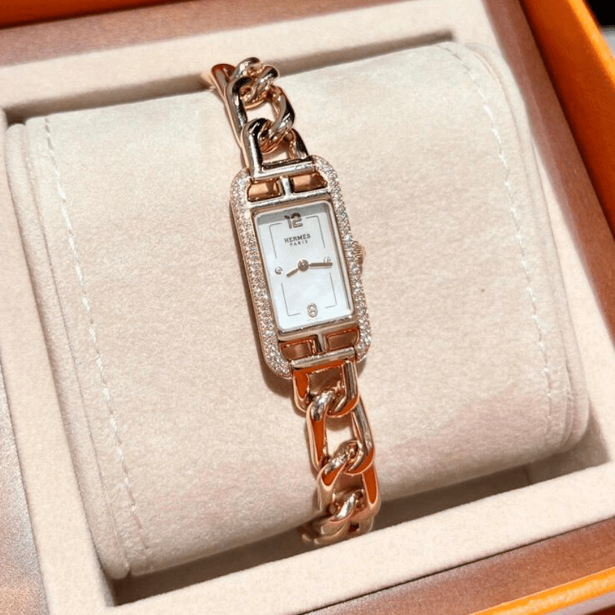 99新 Hermes/爱马仕 小花6珊 爱马仕W049572玫瑰金原钻表-17*23mm