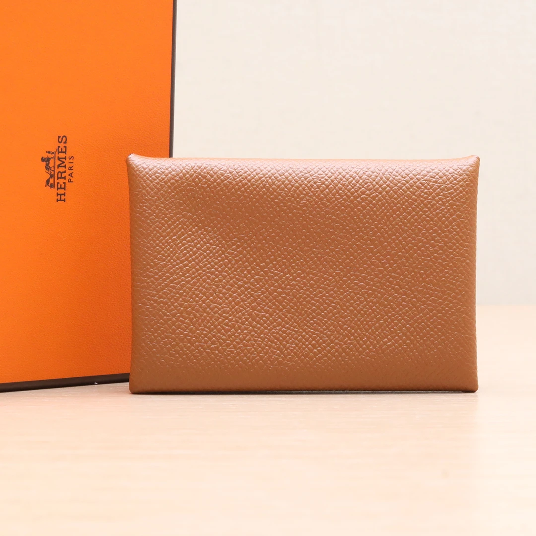99新 Hermes/爱马仕 小花6珊 Calvi 卡包 金棕色 Epsom皮C刻银扣