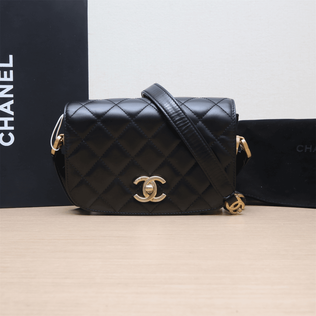99新 Chanel/香奈儿 小花攀攀手工坊 双C 马鞍包 黑色 皮革C 芯片