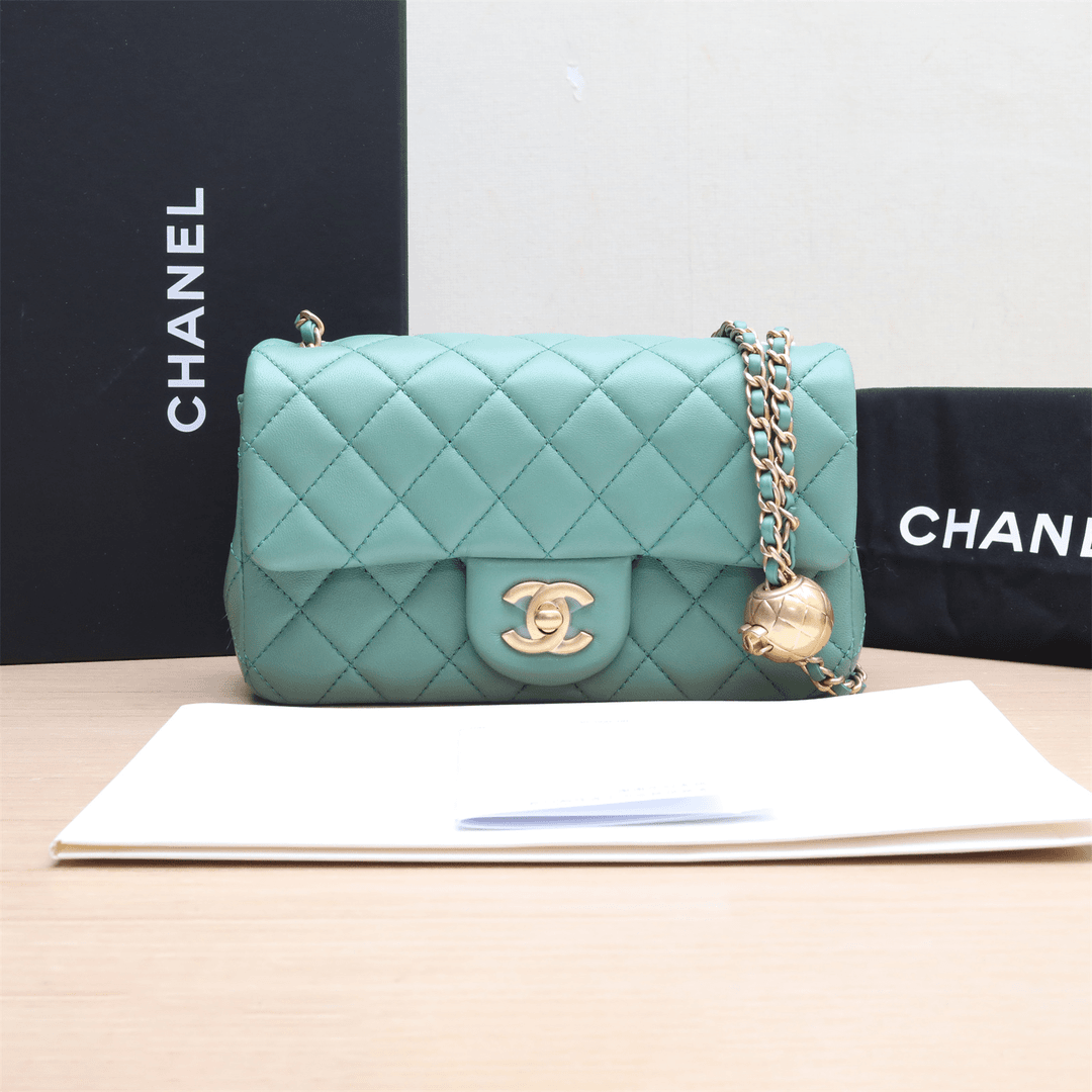 99新 Chanel/香奈儿 小花攀攀CF大Mini 20cm 绿色 皮革S 芯片金球