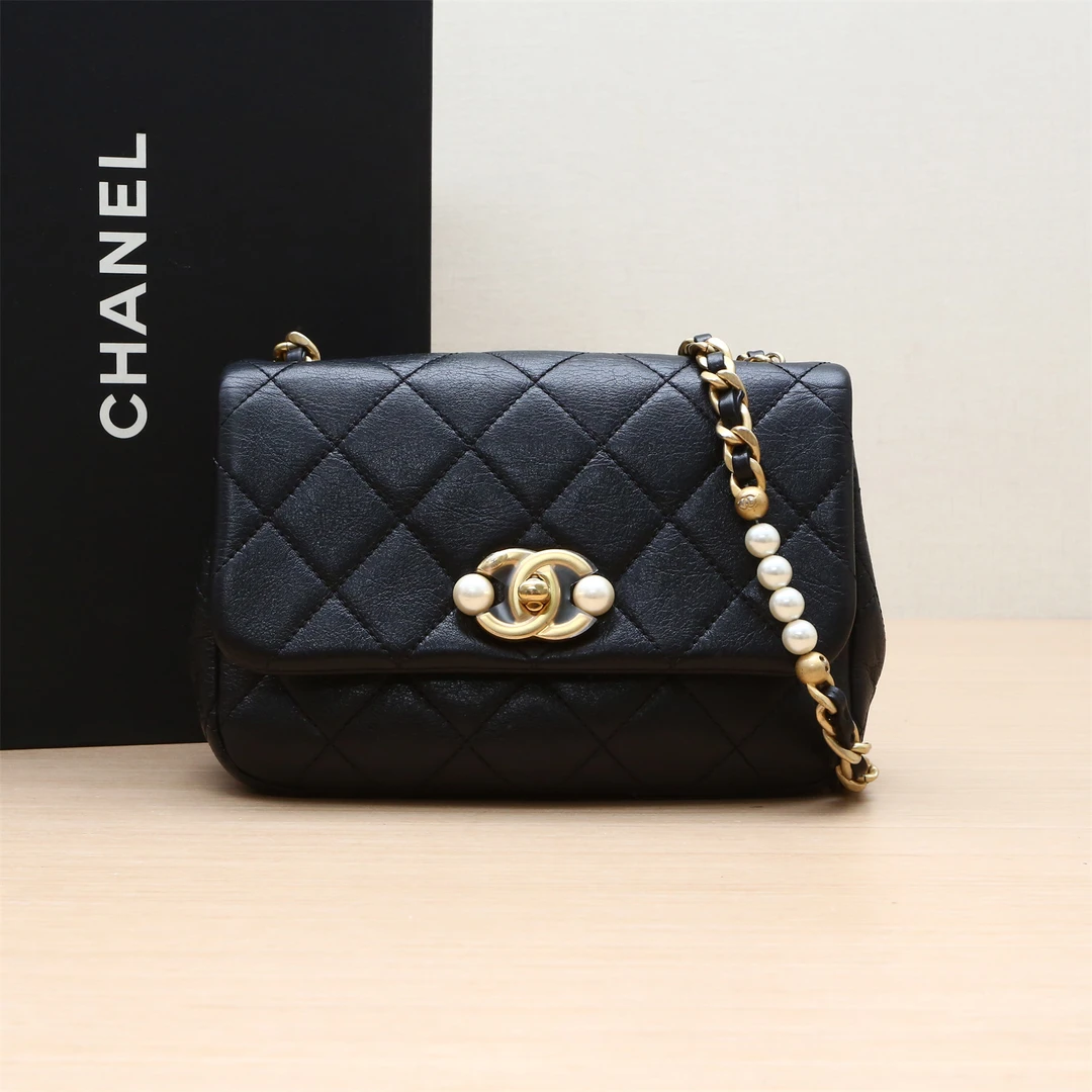 95新 Chanel/香奈儿 黑黑精选 CF 珍珠扣 间珍珠链条包 MIN 芯片
