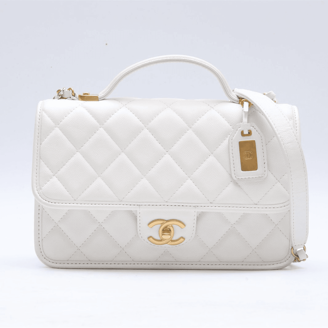 99新 Chanel/香奈儿 小花攀攀手柄邮差包 25cm 白色 皮革C 芯片