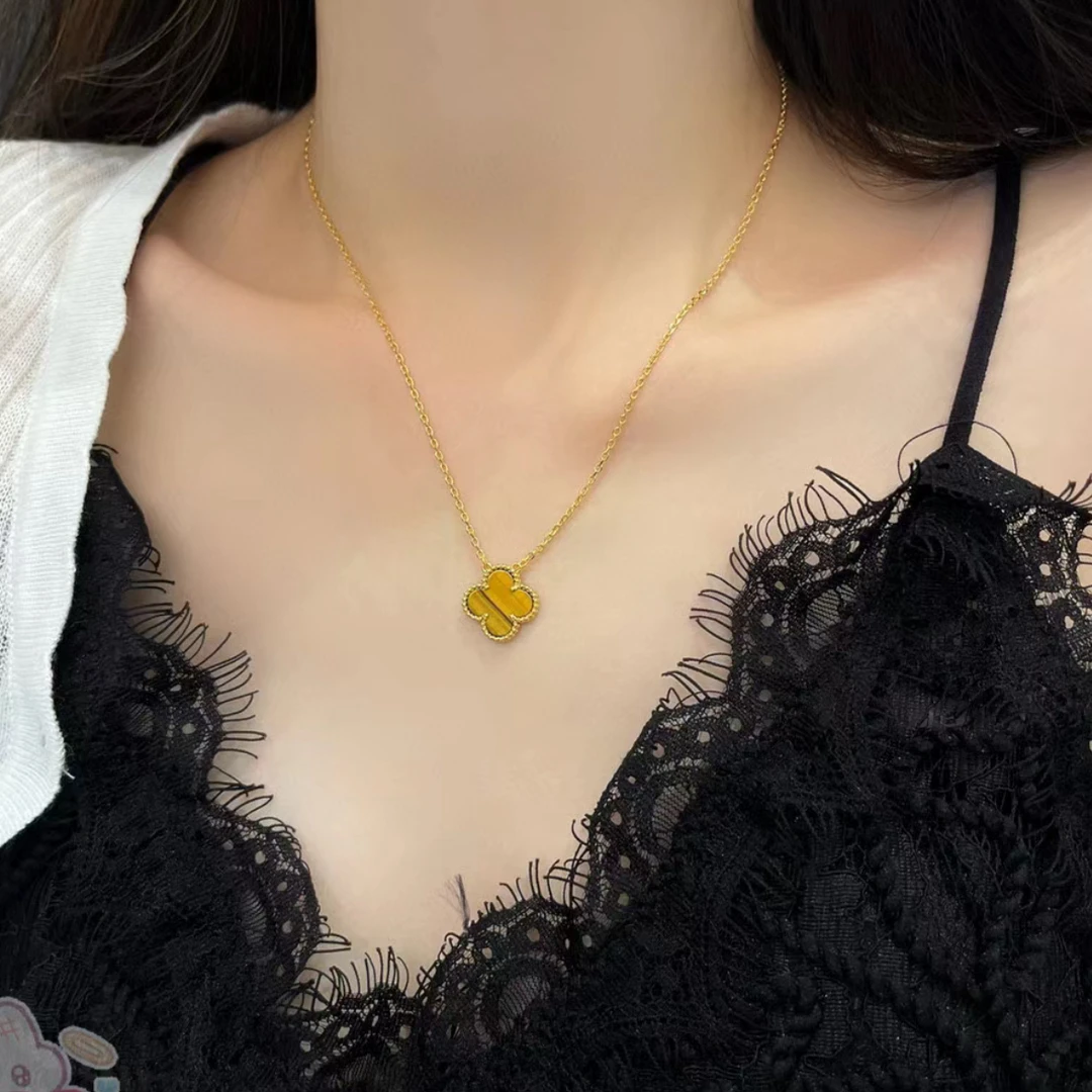 99新 梵克雅宝 小花6珊 Vca 项链 单花 中号 虎眼石 18k金