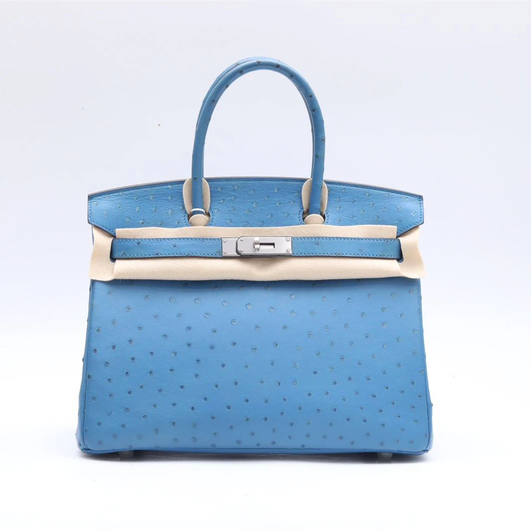 99新 Hermes/爱马仕 小花6珊 Birkin 30 希腊蓝 鸵鸟皮 框O 银扣