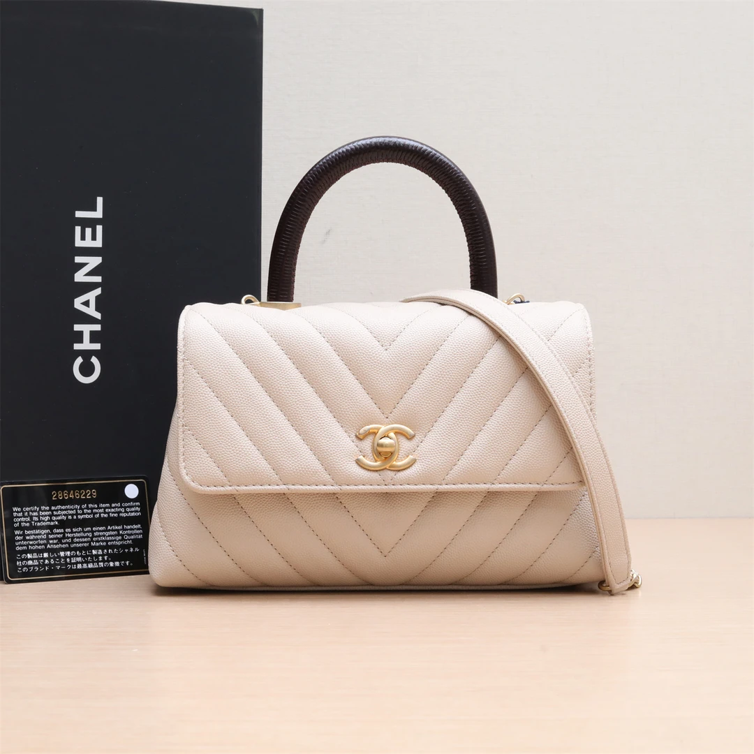 99新 Chanel/香奈儿 小花6珊Coco Handle 小号 24cm 奶茶色28开