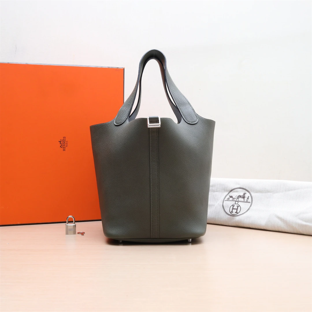 99新 Hermes/爱马仕 小花攀攀22 菜篮子 丛林綠 TC皮 A刻 银扣