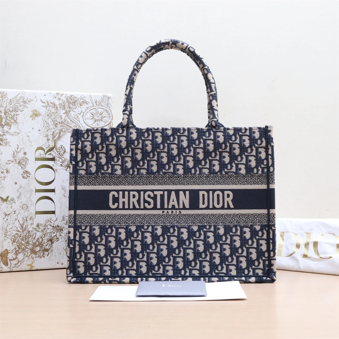 99新 DIOR/迪奥 -496小花佳珊Book Tote 中号 36 蓝色 帆布