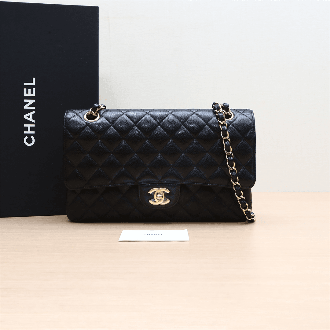 99新 Chanel/香奈儿 小花攀攀CF中号 黑色 荔枝皮革C 26开 金扣
