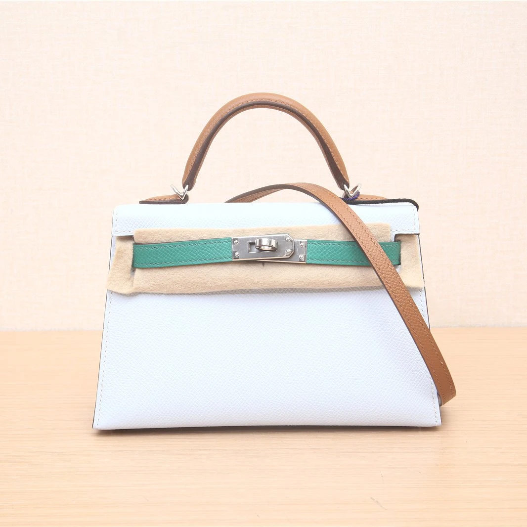 99新 Hermes/爱马仕 小花佳珊Mini Kelly 金棕色拼雾霾藍拼帝绿包