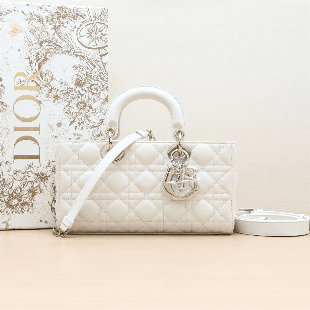 99新 DIOR/迪奥 小花攀攀Lady D-JOY 横版戴妃包 中号 白色 皮革S
