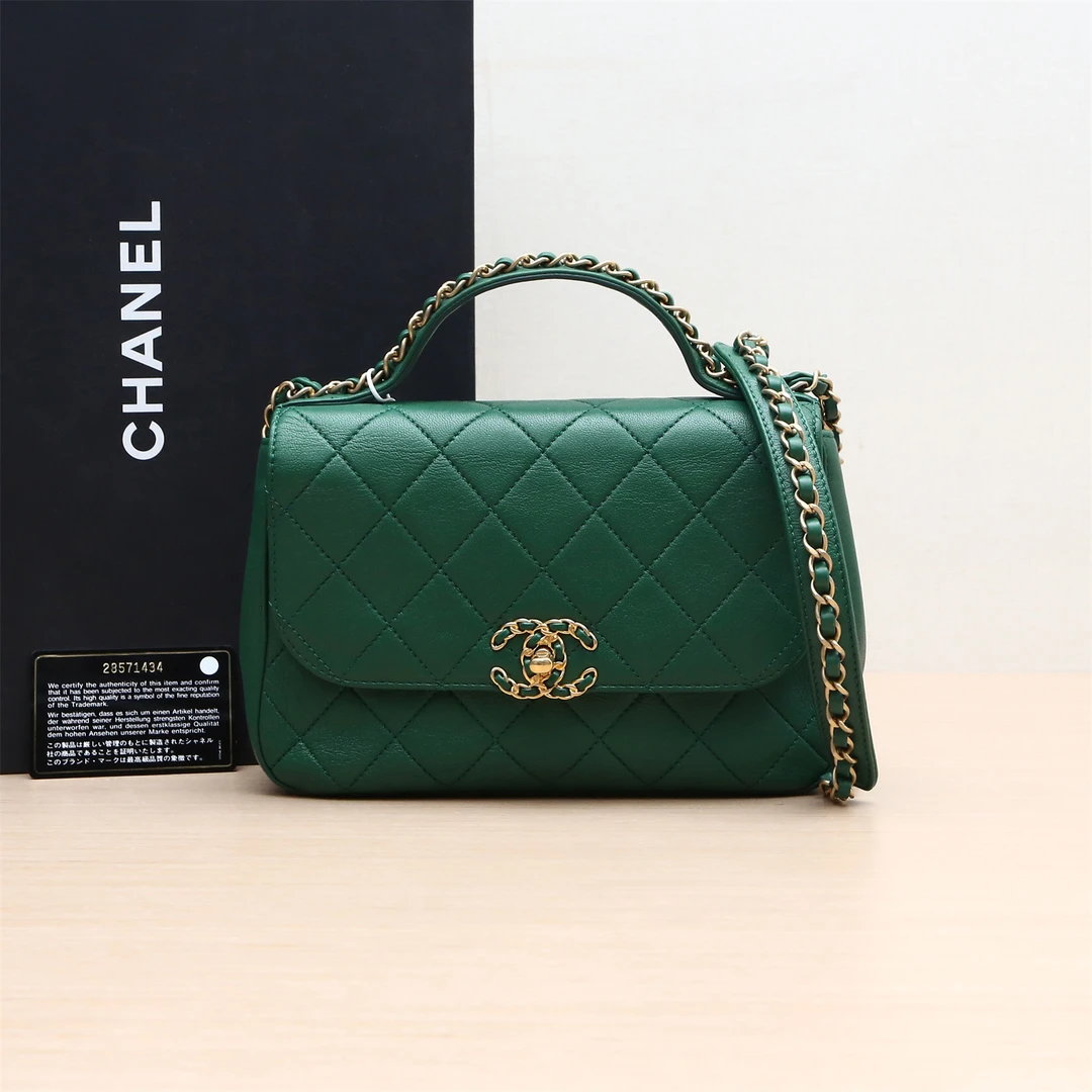 95新 Chanel/香奈儿 小花6花 19B 手柄口盖包 绿色 28开 金扣