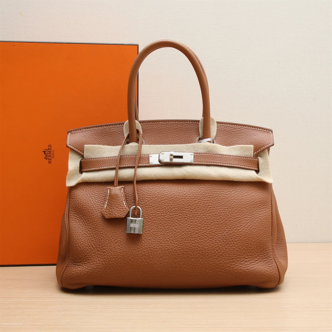 95新 Hermes/爱马仕 小花双双 Birkin 30 金棕色 T刻 银扣包
