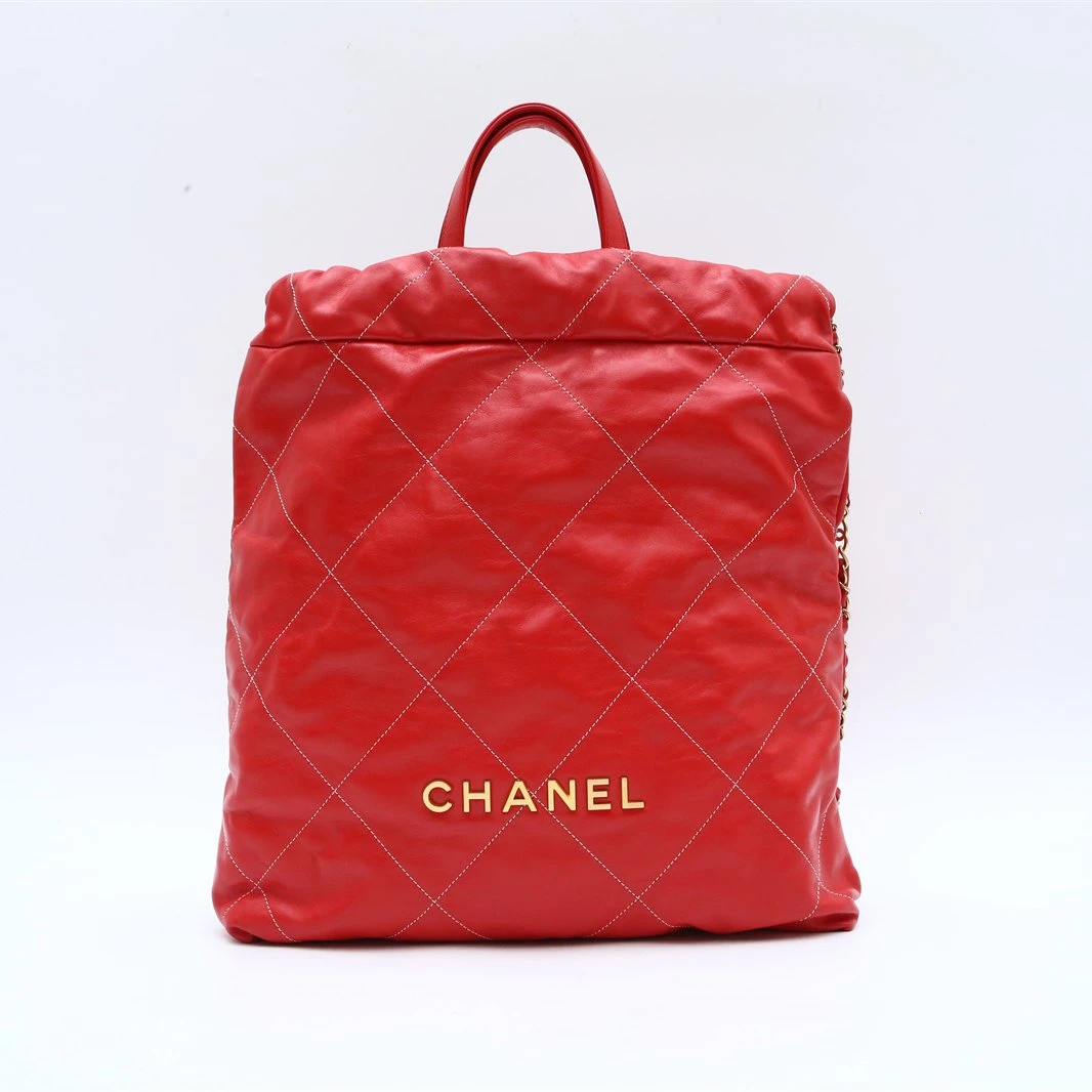 99新 Chanel/香奈儿 小花6珊 22BAG大号带手柄双肩包红色金扣芯片
