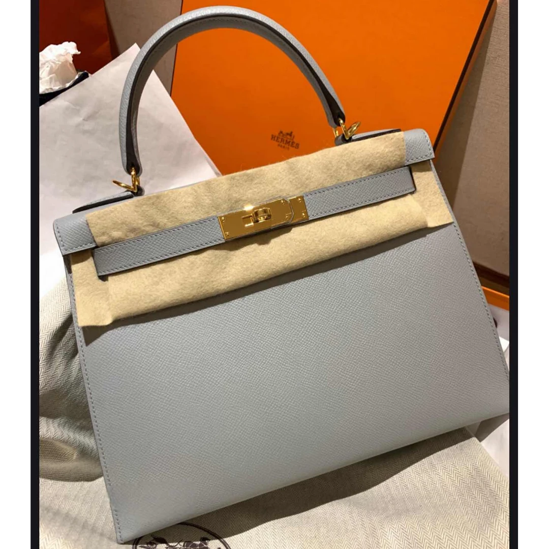 99新 Hermes/爱马仕 小花6珊 Kelly 28 海鸥灰 Ep皮 C刻 金扣包
