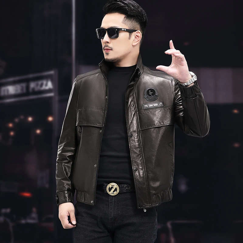 新款海宁真皮皮衣男士植鞣山羊皮立翻领皮夹克中青年机车羽绒外套