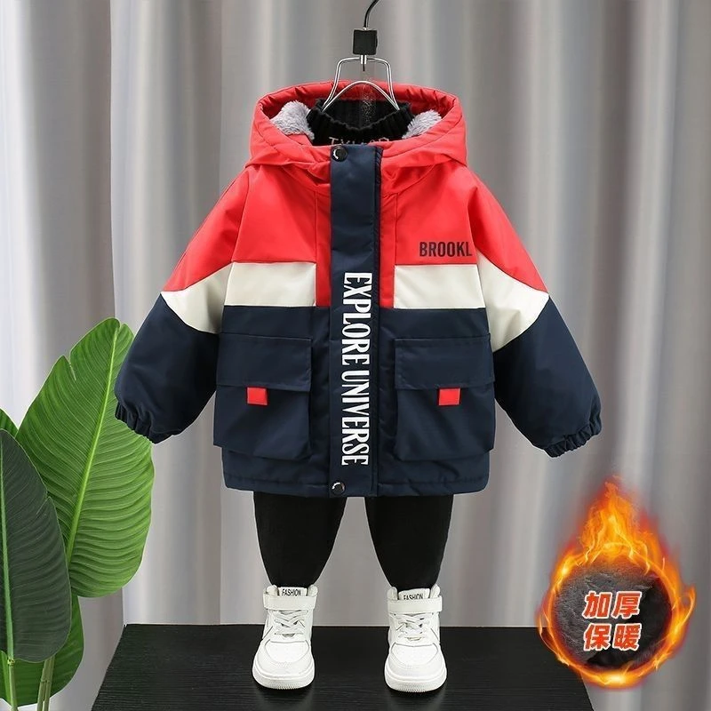 男童加绒棉服外套秋冬2024宝宝新款冬季洋气儿童加厚派克服棉衣潮