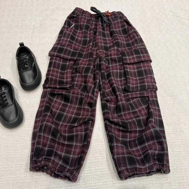 05297高端潮流时尚百搭休闲一体绒格子工装裤D