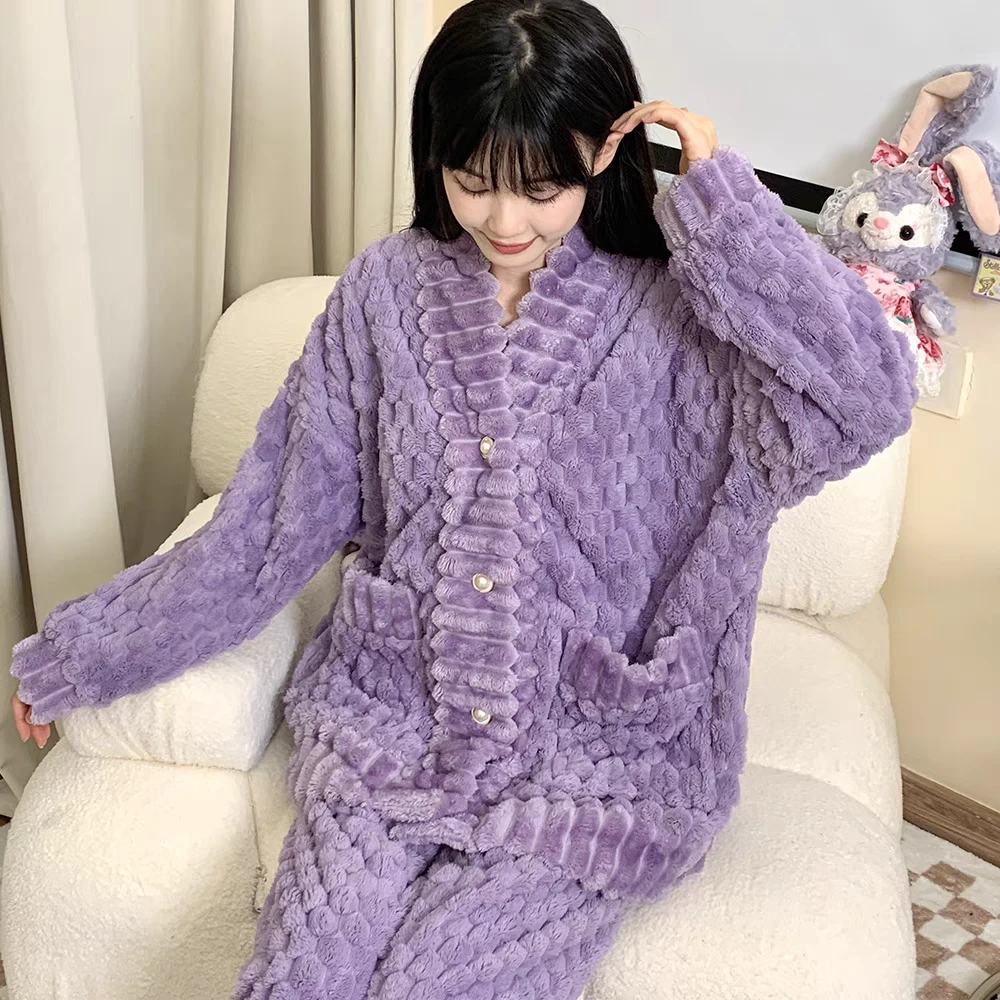 睡衣家居服女加厚长袖开衫珊瑚绒套装可爱学生保暖睡衣加绒可外穿