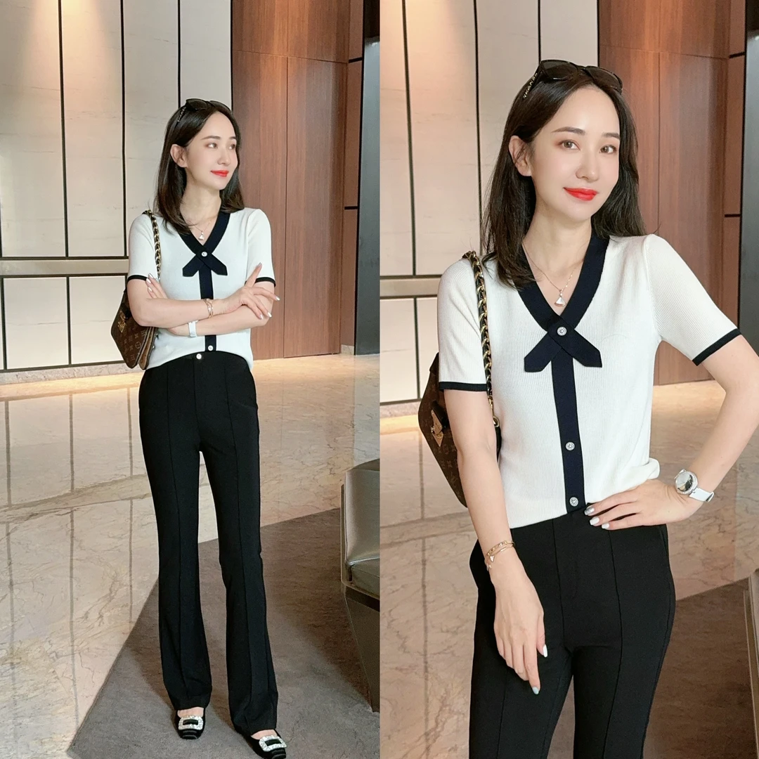 【蝴蝶结】超细兰精天丝 黑白撞色针织小衫XY24538 JDND轩羽