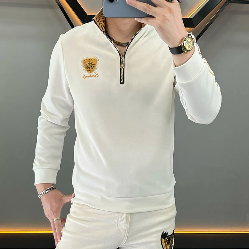 2024年秋季新款男士休闲半拉链衫卫衣百搭时尚青年长袖修身打底衫