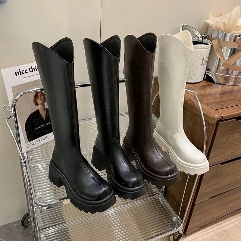 热风新款显瘦厚底V不过膝长筒骑士靴2025款瘦瘦靴高筒长靴