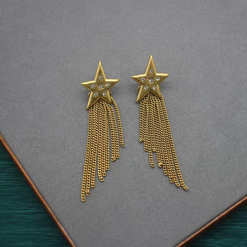 铜合金耳饰 复古丹麦锆石耳饰星星流苏设计女款小众耳环925银针