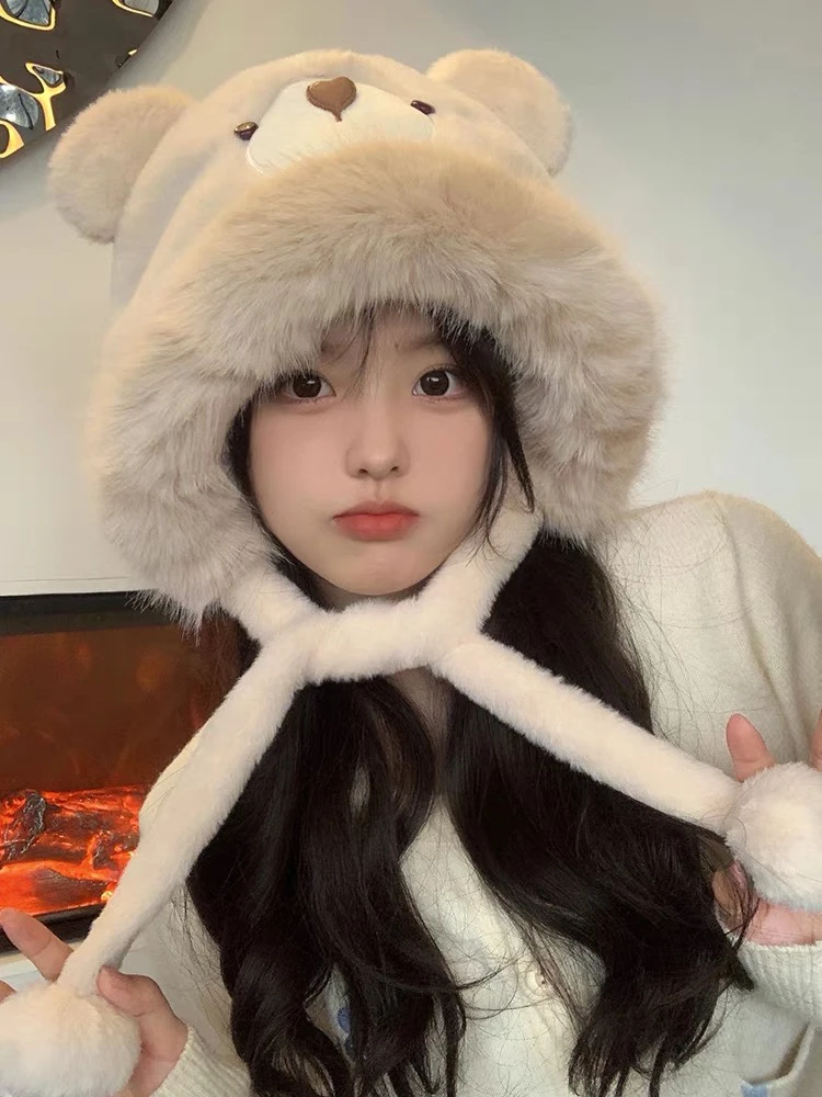 秋冬季卡通可爱小熊耳朵显脸小毛茸茸冬天女户外保暖护耳套头帽