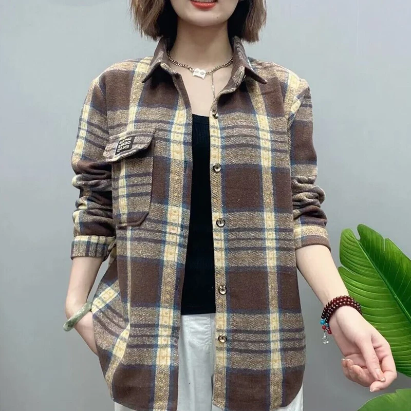 雪儿 秋季新款长袖格子衬衫加厚中年女装百搭显瘦外套中长款洋气