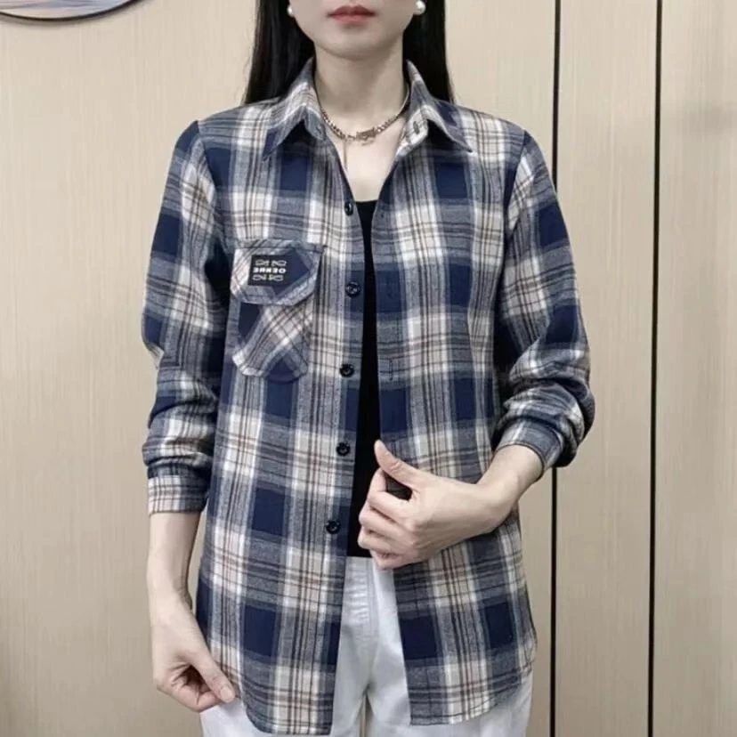 雪儿 秋季新款休闲长袖格子衬衫显瘦时尚百搭宽松衬衣中老年女装