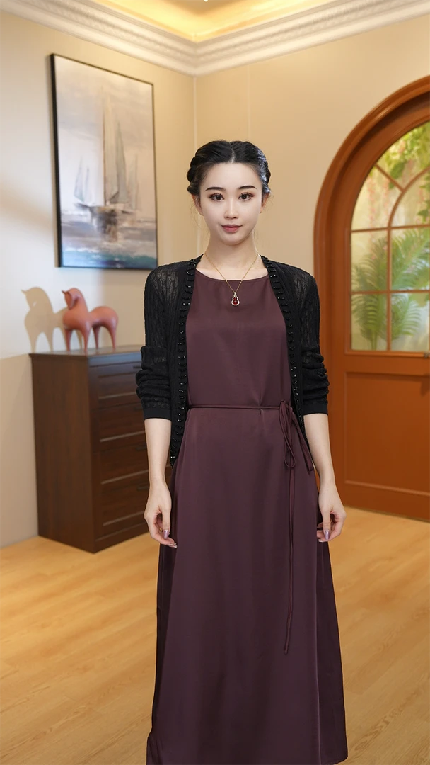 T89夏季新款醋酸缎面收腰长裙方领连衣裙女宽肩带气质大码8062