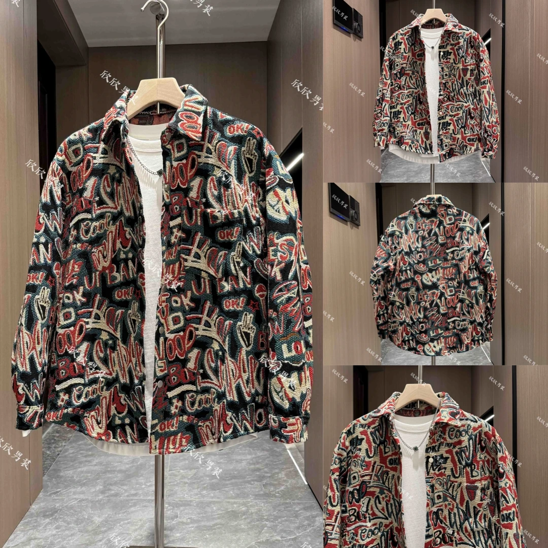 民族风提花潮流时尚彩绘翻领男士休闲衬衫款外套