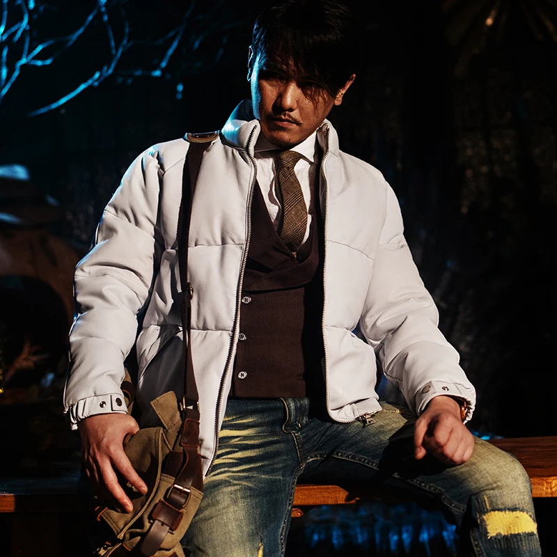 莫臣男装 冬季新款白色无涂羊皮羽绒服保暖立领鸭绒真皮羽绒Y2422