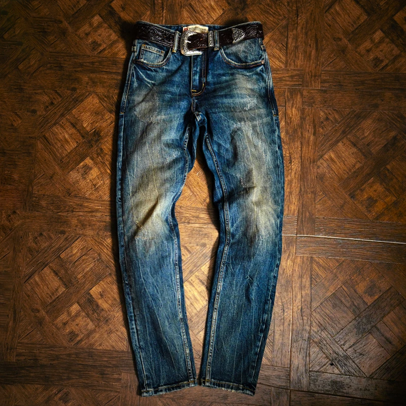 莫臣美式复古蓝闪电爆裂纹水洗做旧时尚直筒休闲男士牛仔裤MC018