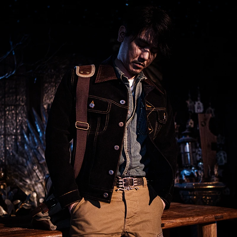 莫臣男装真皮皮衣灯芯绒拼接牛皮反绒翻领外套春秋短款夹克PF57H