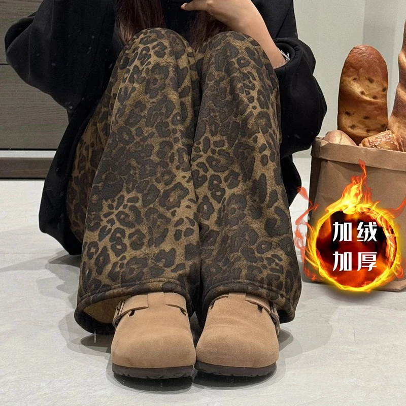 加绒加厚羊羔绒格子裤子女新冬款显瘦百搭高腰宽松休闲直筒裤长裤