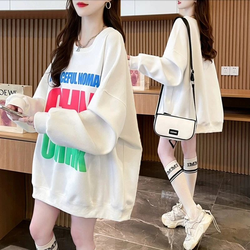 大码女装胖mm薄款圆领卫衣女春秋新款韩版宽松百搭慵懒风长袖上衣