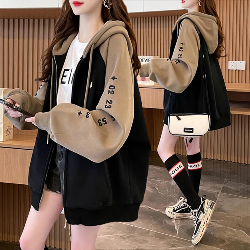 拼色刺绣设计感连帽秋冬加绒拉链卫衣女新款韩版宽松百搭大码外套