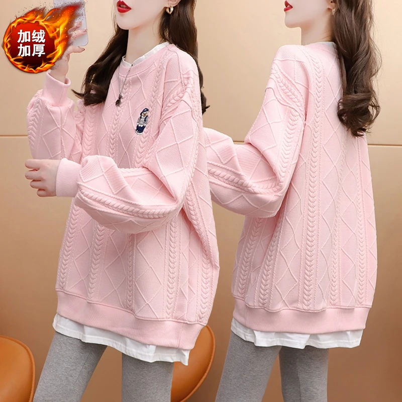 大码胖mm假两件加绒加厚卫衣女秋冬新款韩版宽松百搭设计感上衣潮