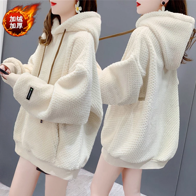 大码女装胖mm加绒加厚卫衣女秋冬新款韩版宽松百搭羊羔绒连帽上衣