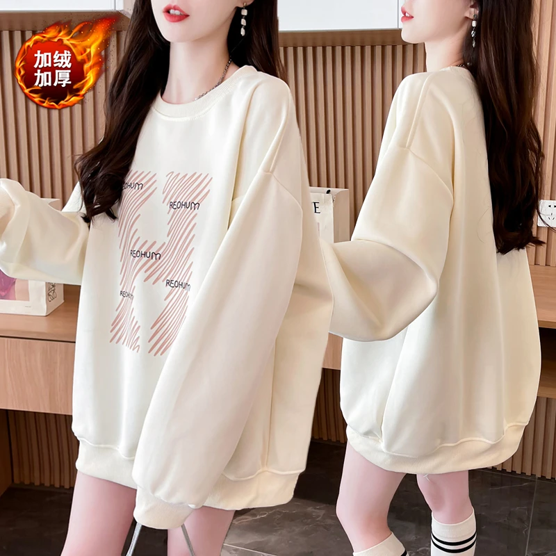 大码女装胖mm圆领加绒卫衣女秋冬新款韩版宽松百搭慵懒风长袖上衣