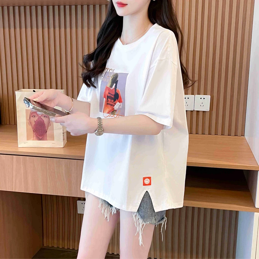 大码女装开叉设计感纯棉短袖T恤女夏季新款韩版宽松百搭洋气上衣