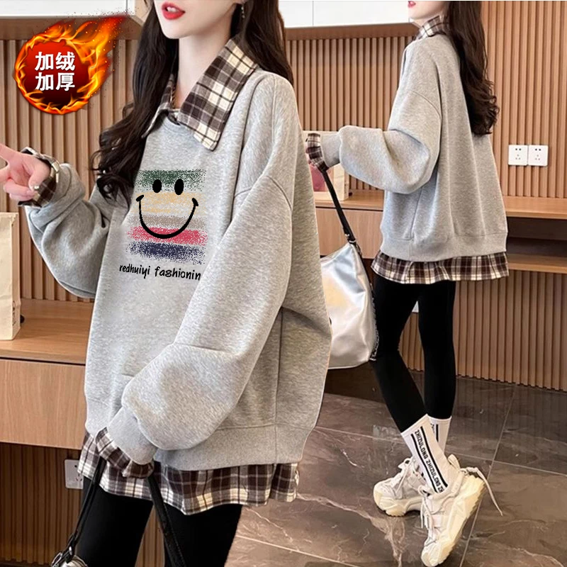 大码女装假两件加绒加厚卫衣女秋冬新款韩版宽松设计感洋气上衣潮