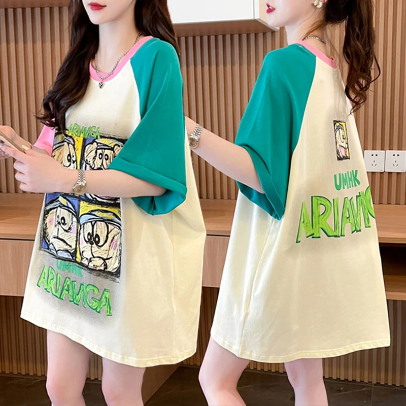 拼色卡通设计感纯棉短袖T恤女夏季新款韩版宽松百搭大码减龄上衣