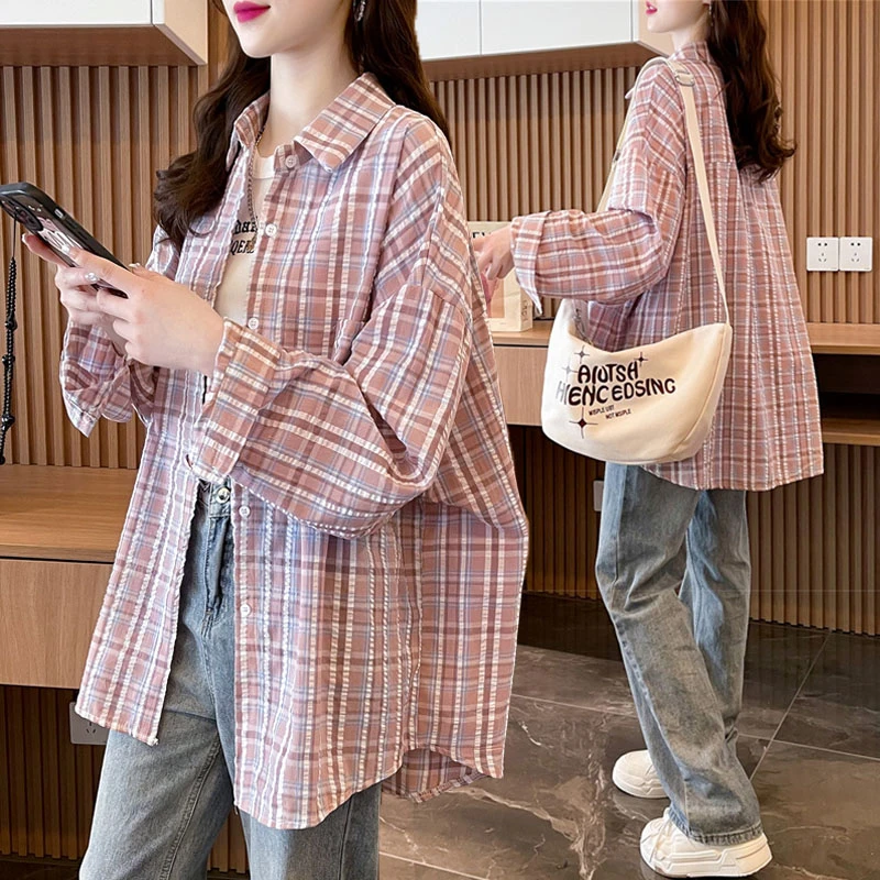 大码女装胖mm格子薄款防晒衬衫夏季新款韩版宽松百搭休闲衬衣外套