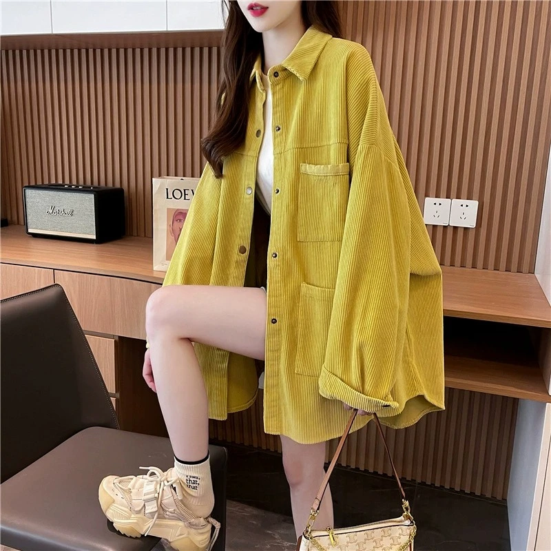 灯芯绒薄款长袖衬衫女春秋新款韩版宽松百搭大码胖mm洋气衬衣外套